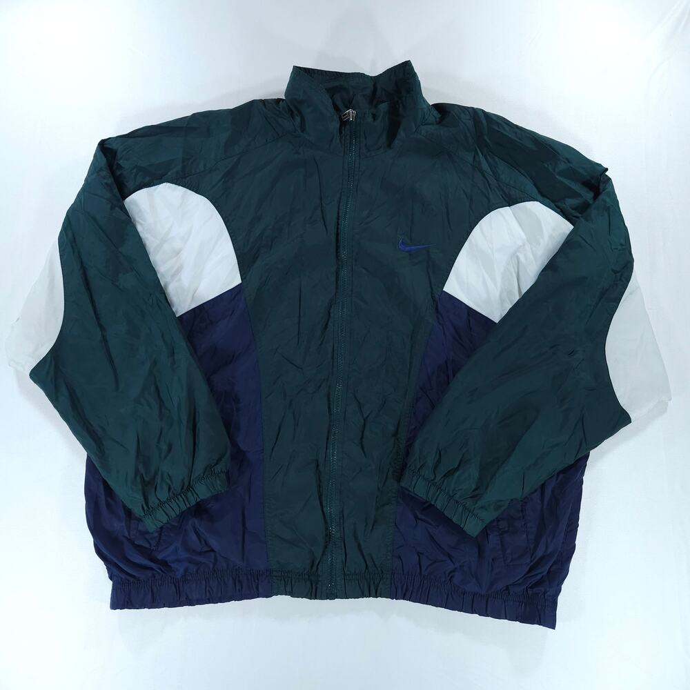 Vintage 90s Nike Big Swoosh Colorblock Windbreaker Jacket Teal Navy XL